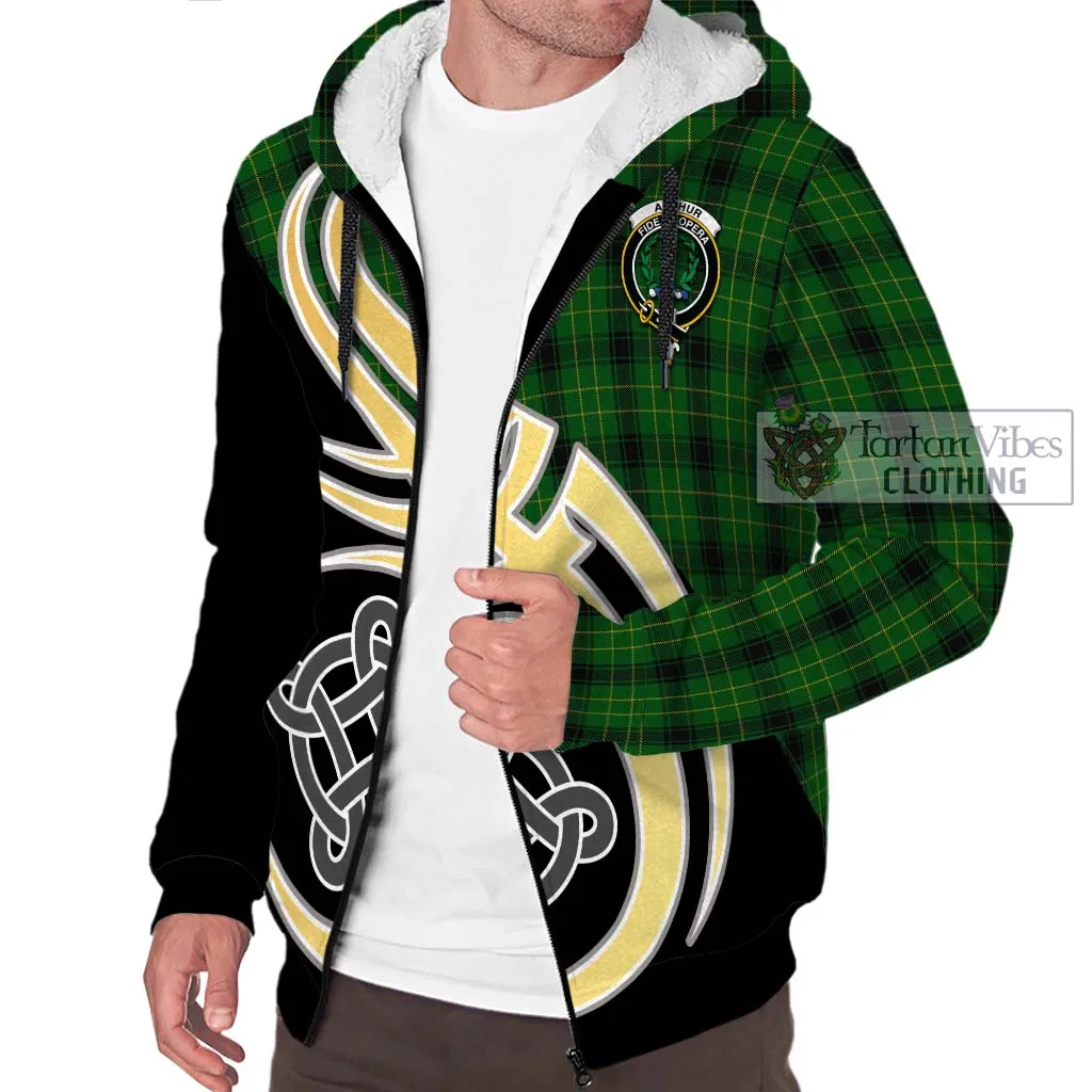 Arthur Highland Tartan Sherpa Hoodie with Family Crest and Celtic Symbol Style