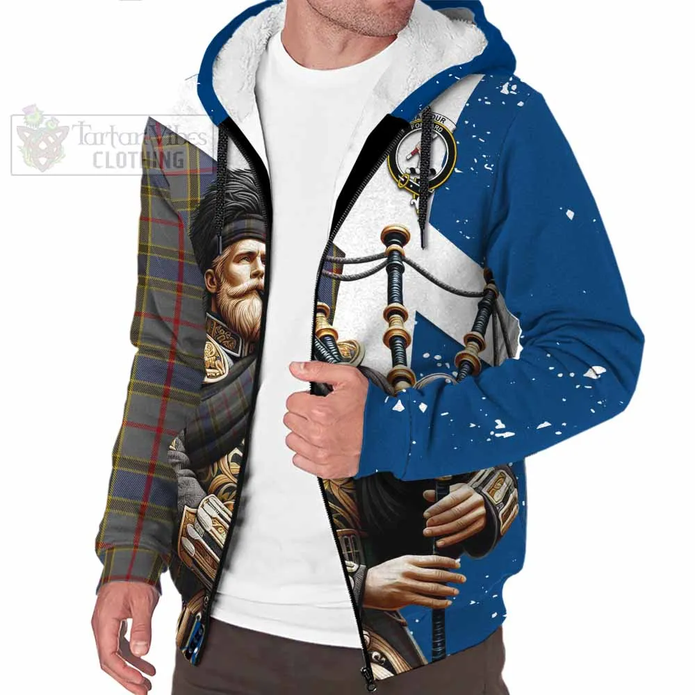 Balfour Tartan Sherpa Hoodie with Family Crest Scottish Bagpiper Vibes