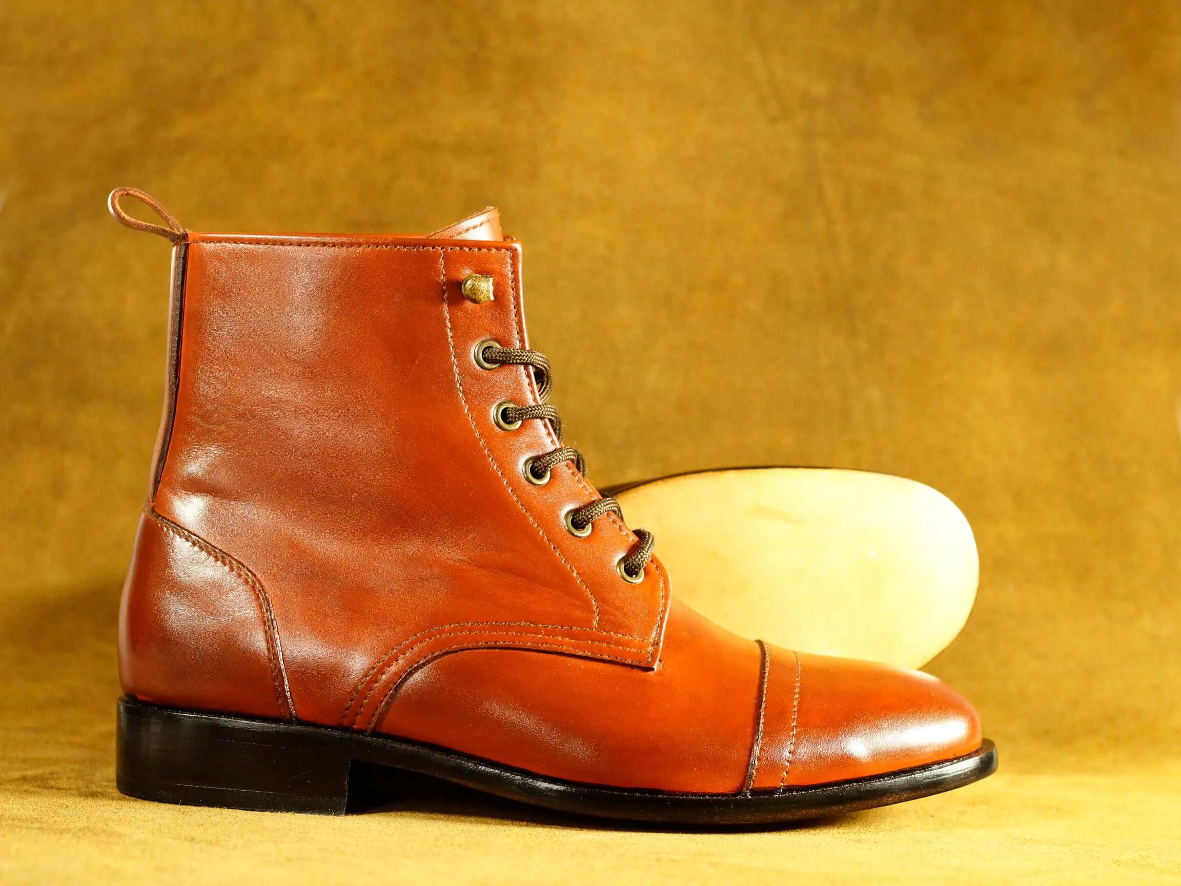 Bespoke Burgundy Lace Up Cap Toe Boot For Men's