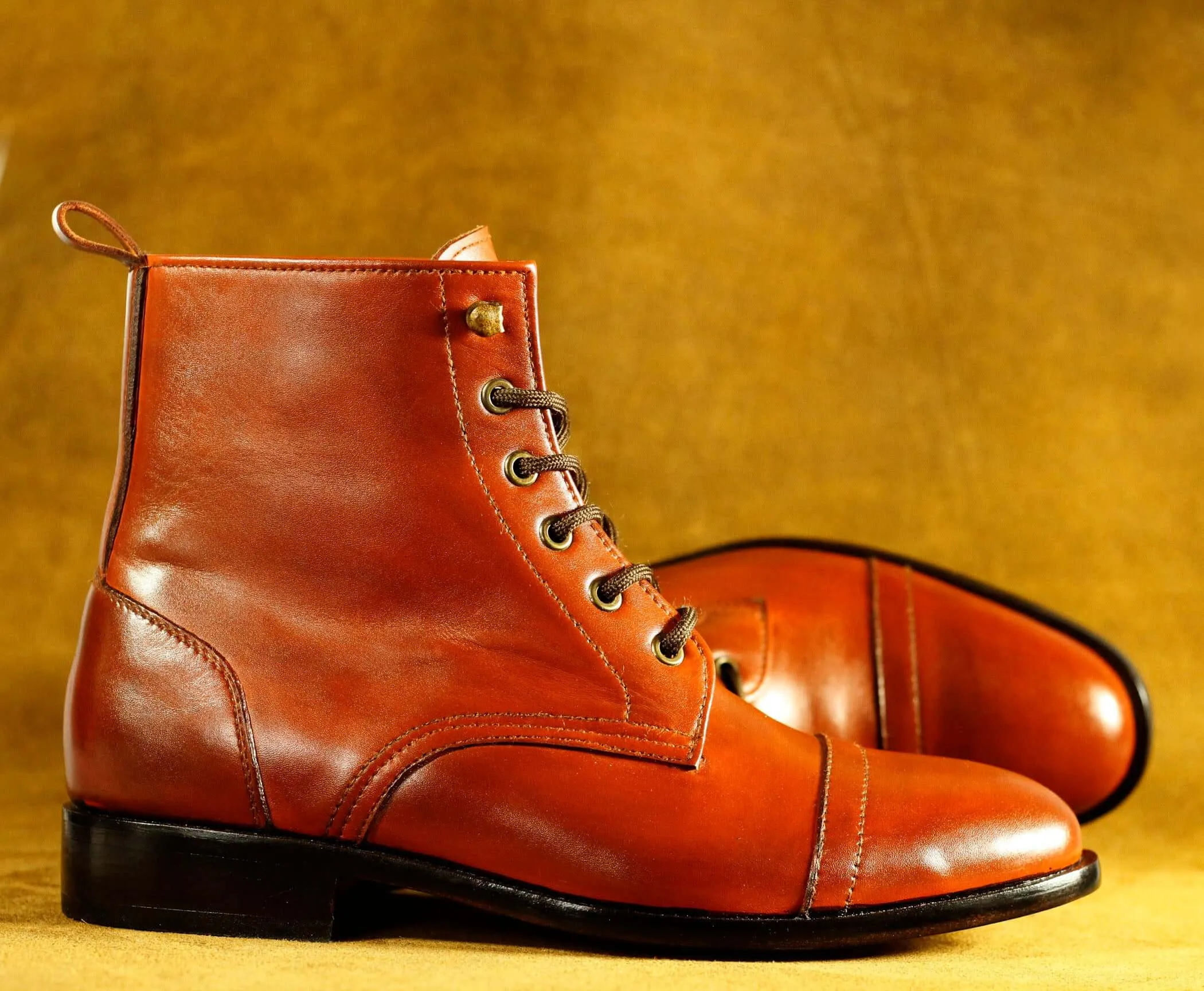 Bespoke Burgundy Lace Up Cap Toe Boot For Men's