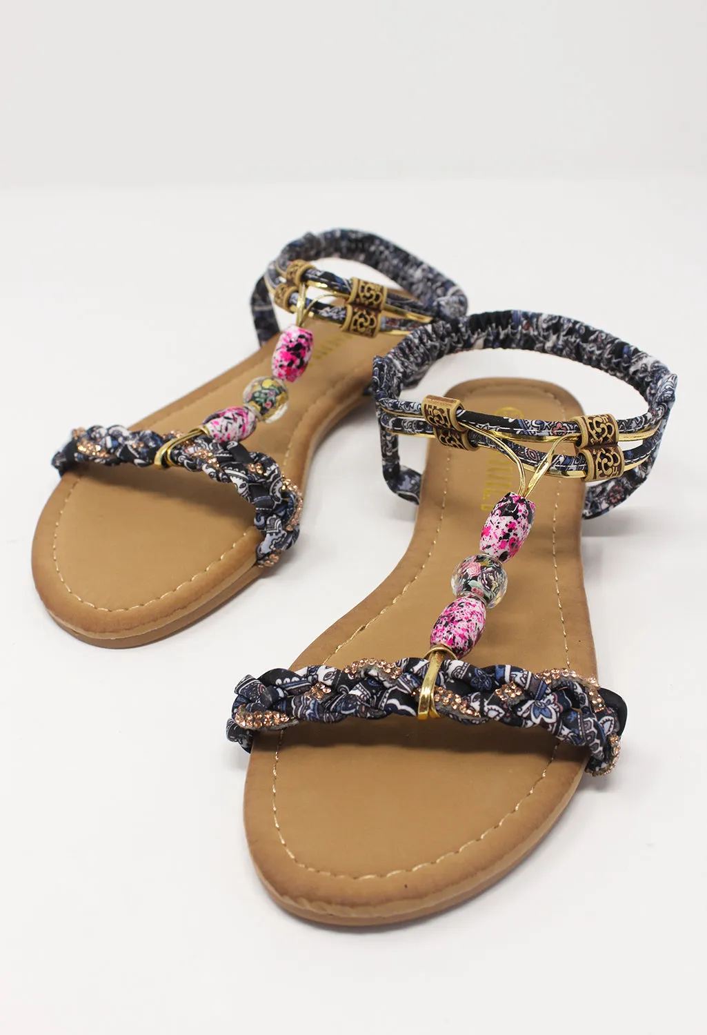 Black Multi coloured T Strap Sandal