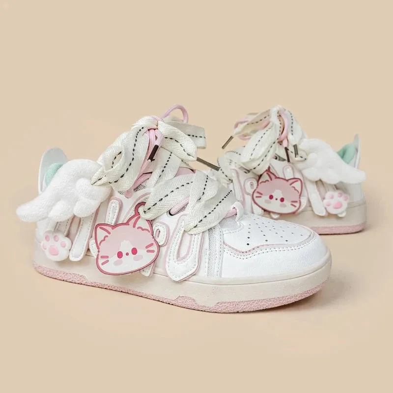 Bright Pink Kitty Everday White Sneakers - Women's