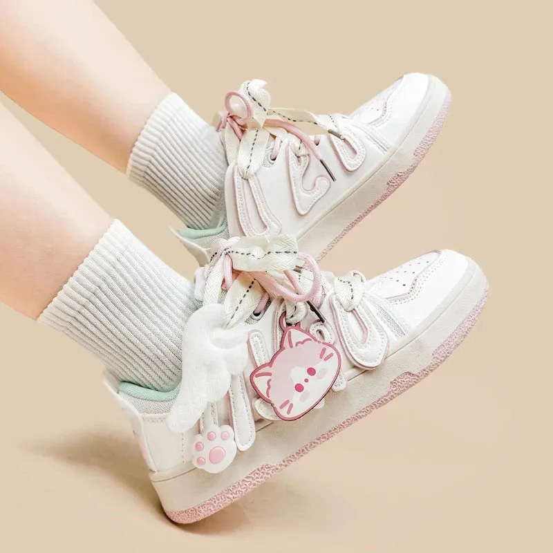 Bright Pink Kitty Everday White Sneakers - Women's