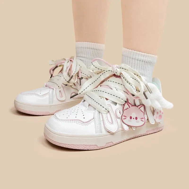 Bright Pink Kitty Everday White Sneakers - Women's