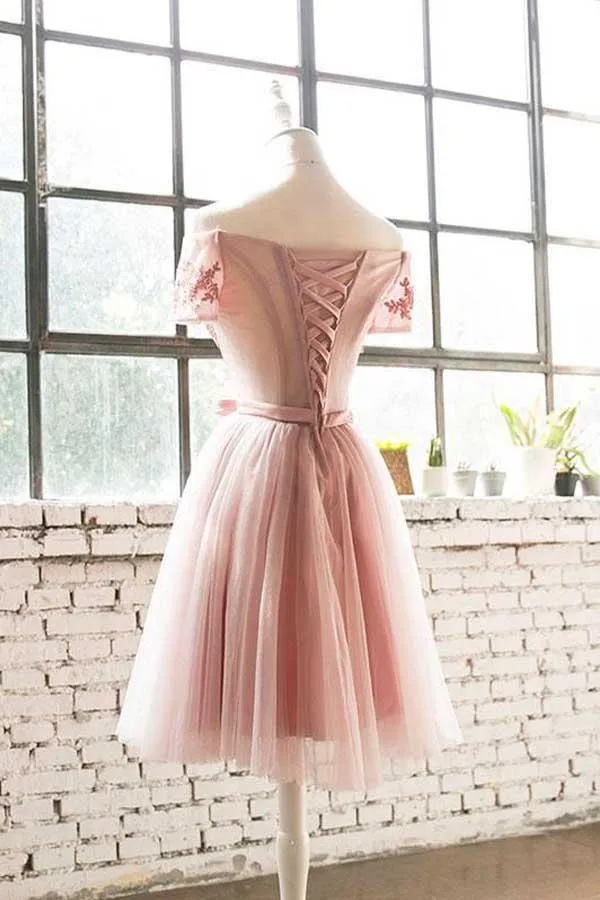 Off The Shoulder Pink Lace Tulle Short Prom Dress Homecoming Dress PD200