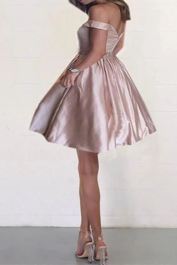 Off the Shoulder Satin Beaded Homecoming Dresses with Pocket PD167
