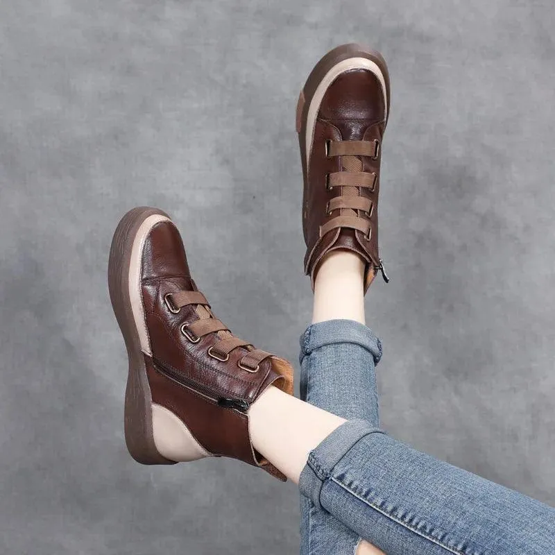 Platform Leather British Ankle Boots Women's Casual Shoes HOS0108