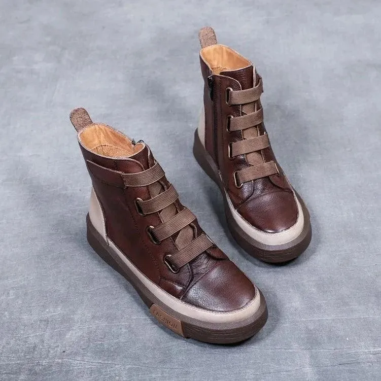 Platform Leather British Ankle Boots Women's Casual Shoes HOS0108