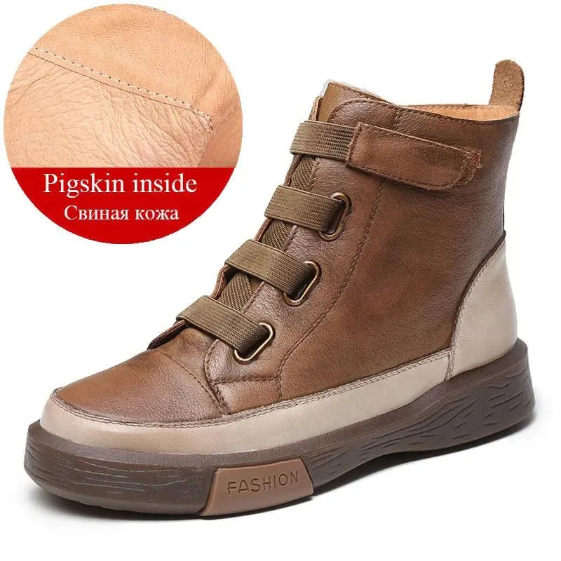 Platform Leather British Ankle Boots Women's Casual Shoes HOS0108