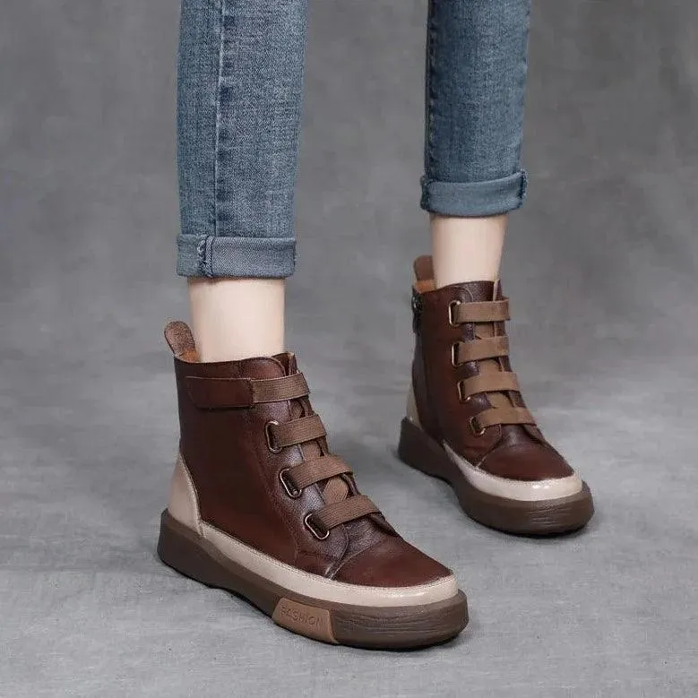 Platform Leather British Ankle Boots Women's Casual Shoes HOS0108
