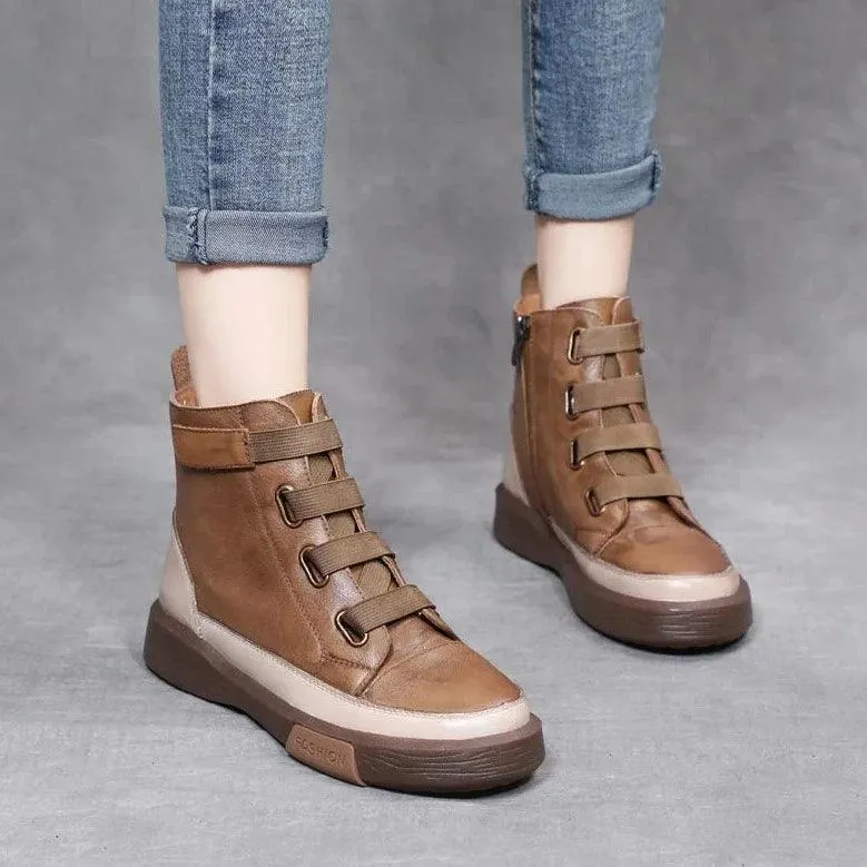 Platform Leather British Ankle Boots Women's Casual Shoes HOS0108