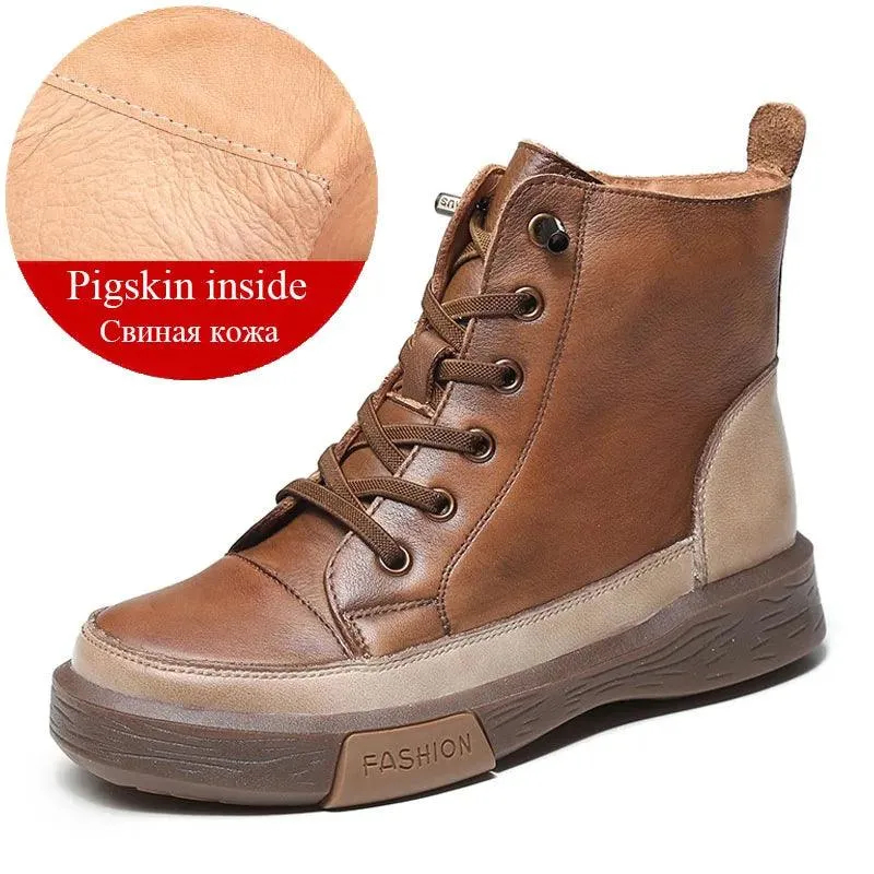 Platform Leather British Ankle Boots Women's Casual Shoes HOS0108