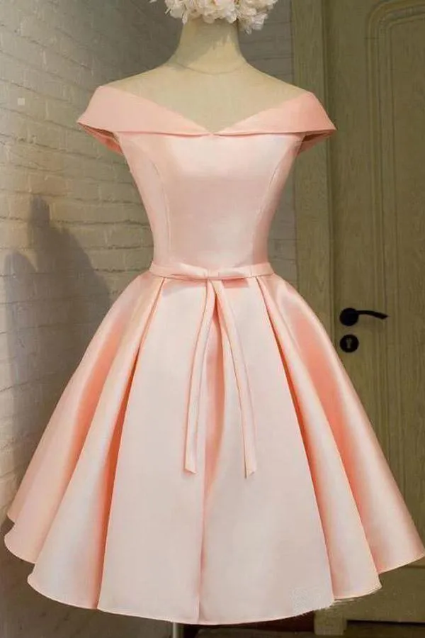 Simple Off the Shoulder Blush Homecoming Dresses Satin Graduation Dress PD288