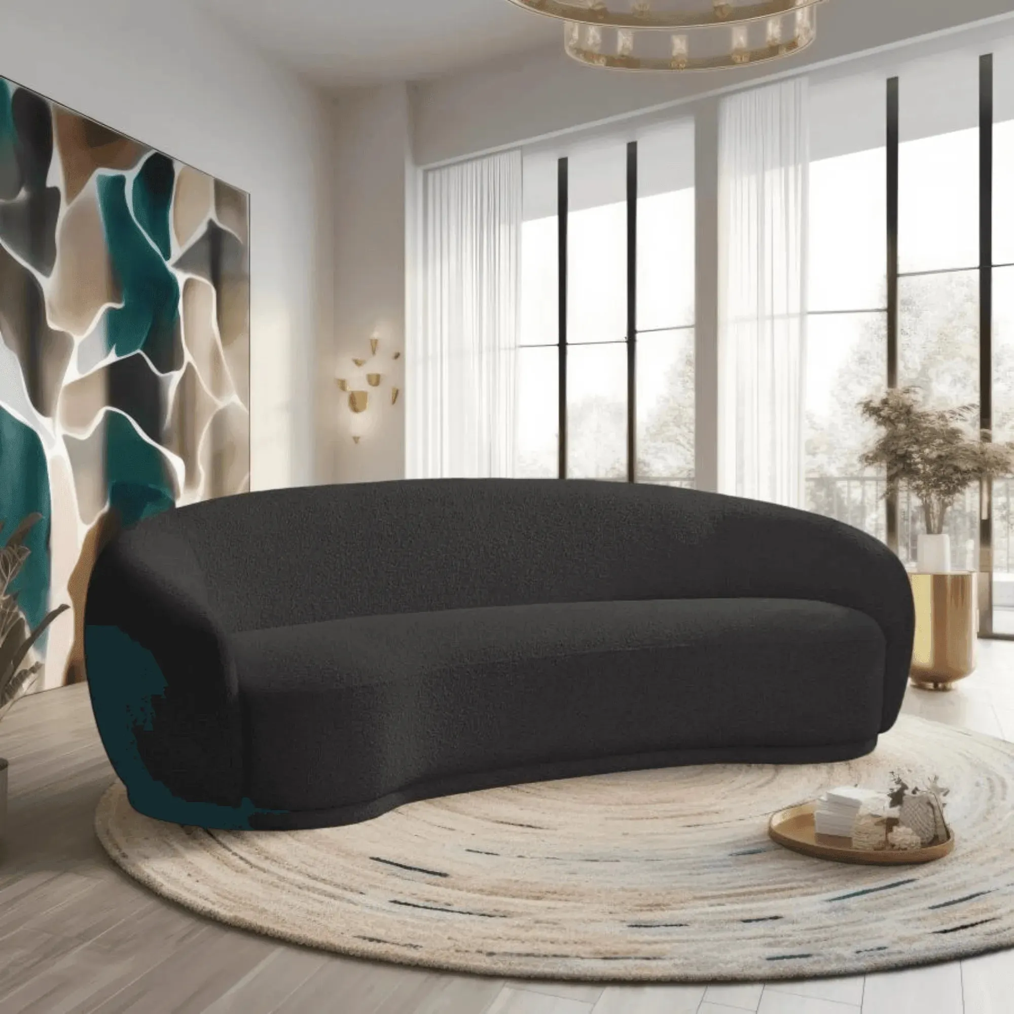 Snug Rounded Back Rich Black Modern Boucle Sofa