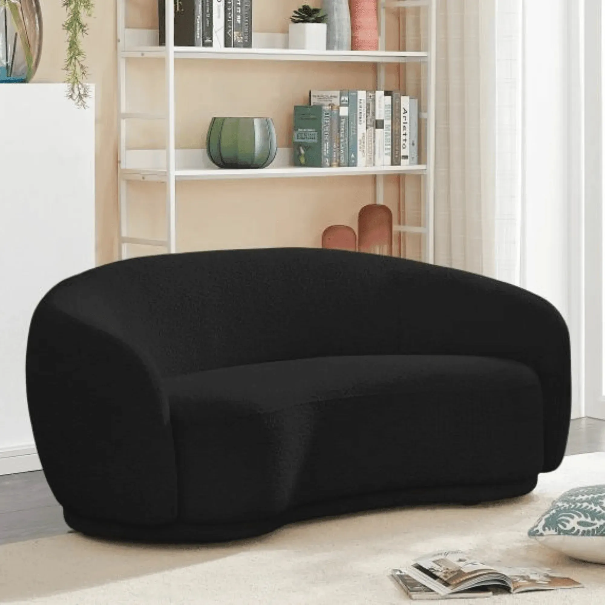 Snug Rounded Back Rich Black Modern Boucle Sofa