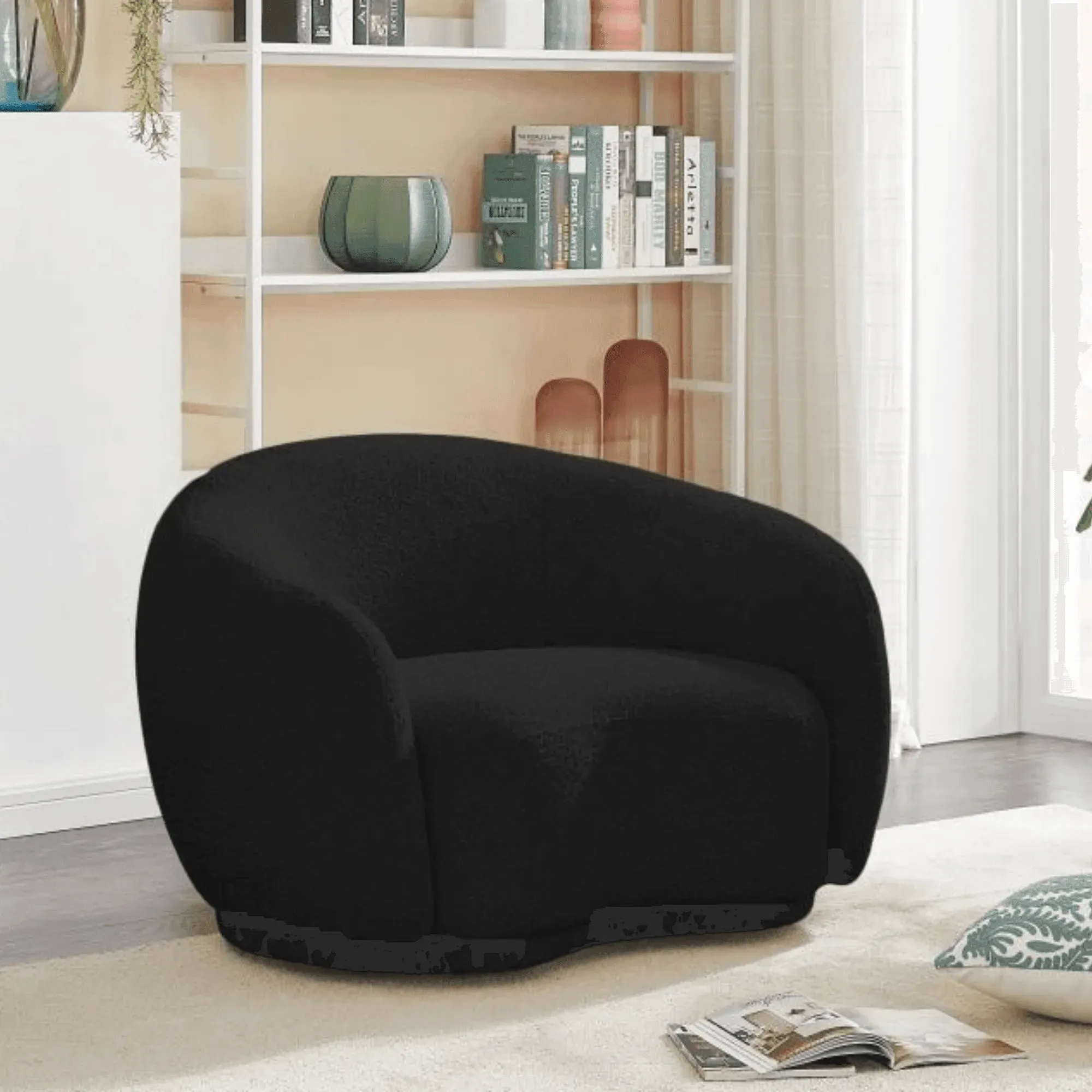 Snug Rounded Back Rich Black Modern Boucle Sofa