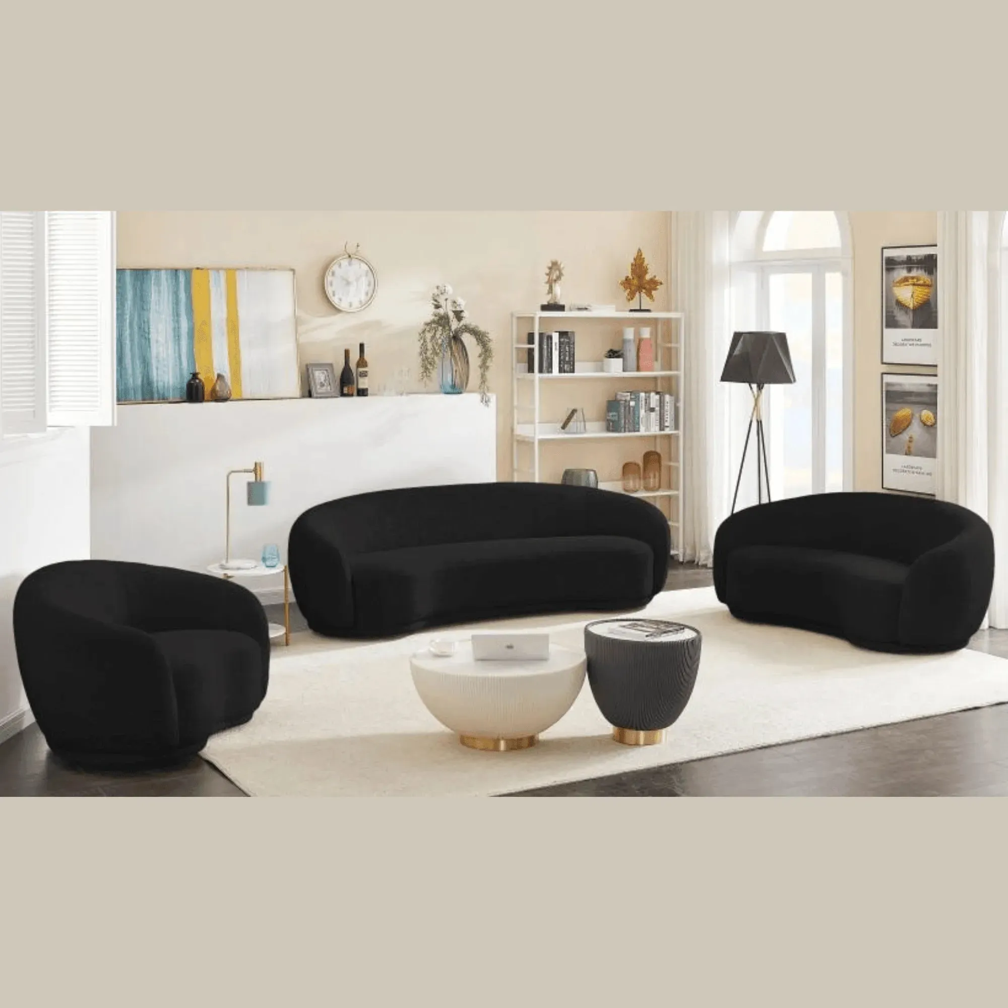 Snug Rounded Back Rich Black Modern Boucle Sofa