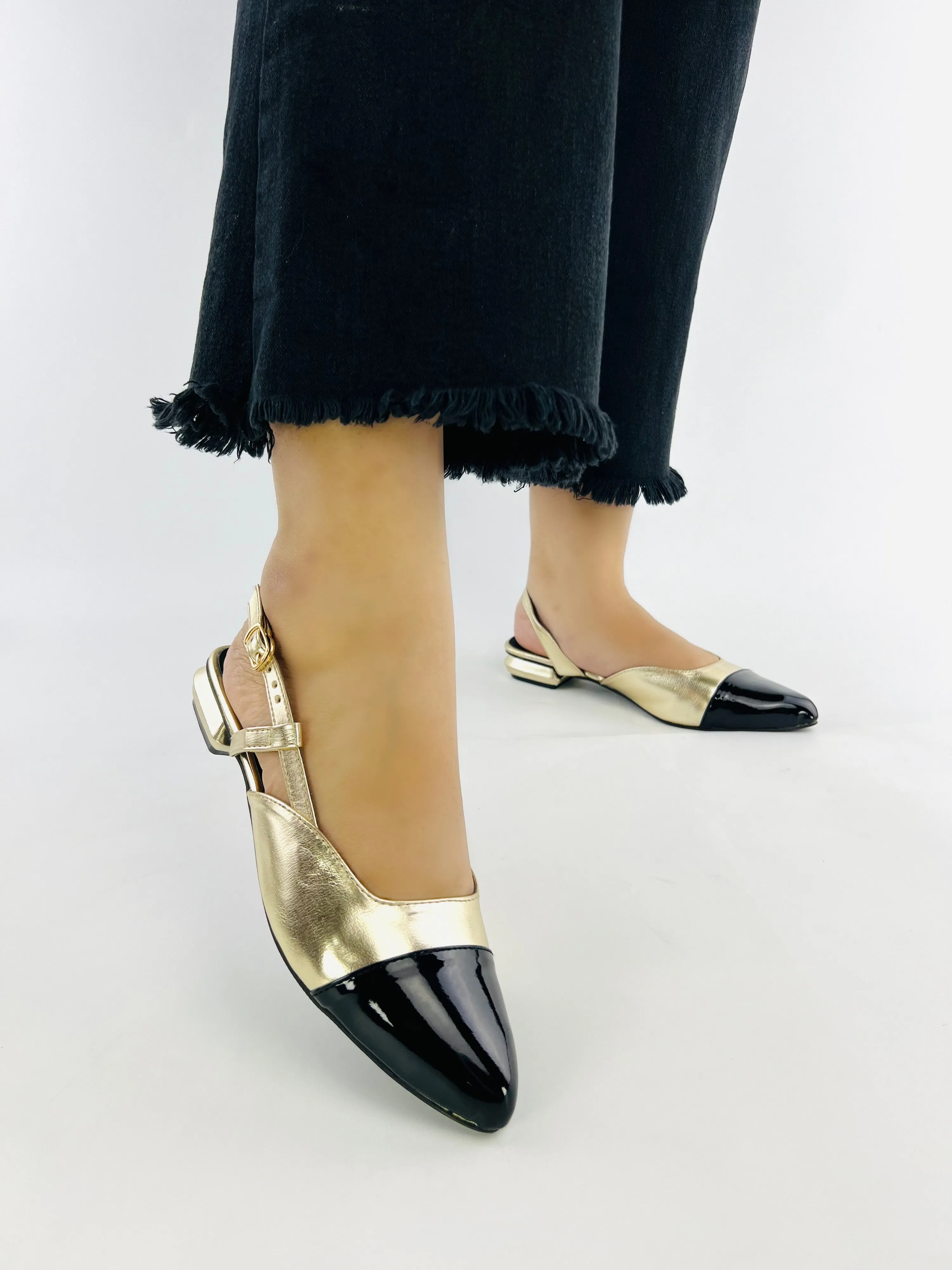 Spunkz Gold Slingback Cap Toe Pump