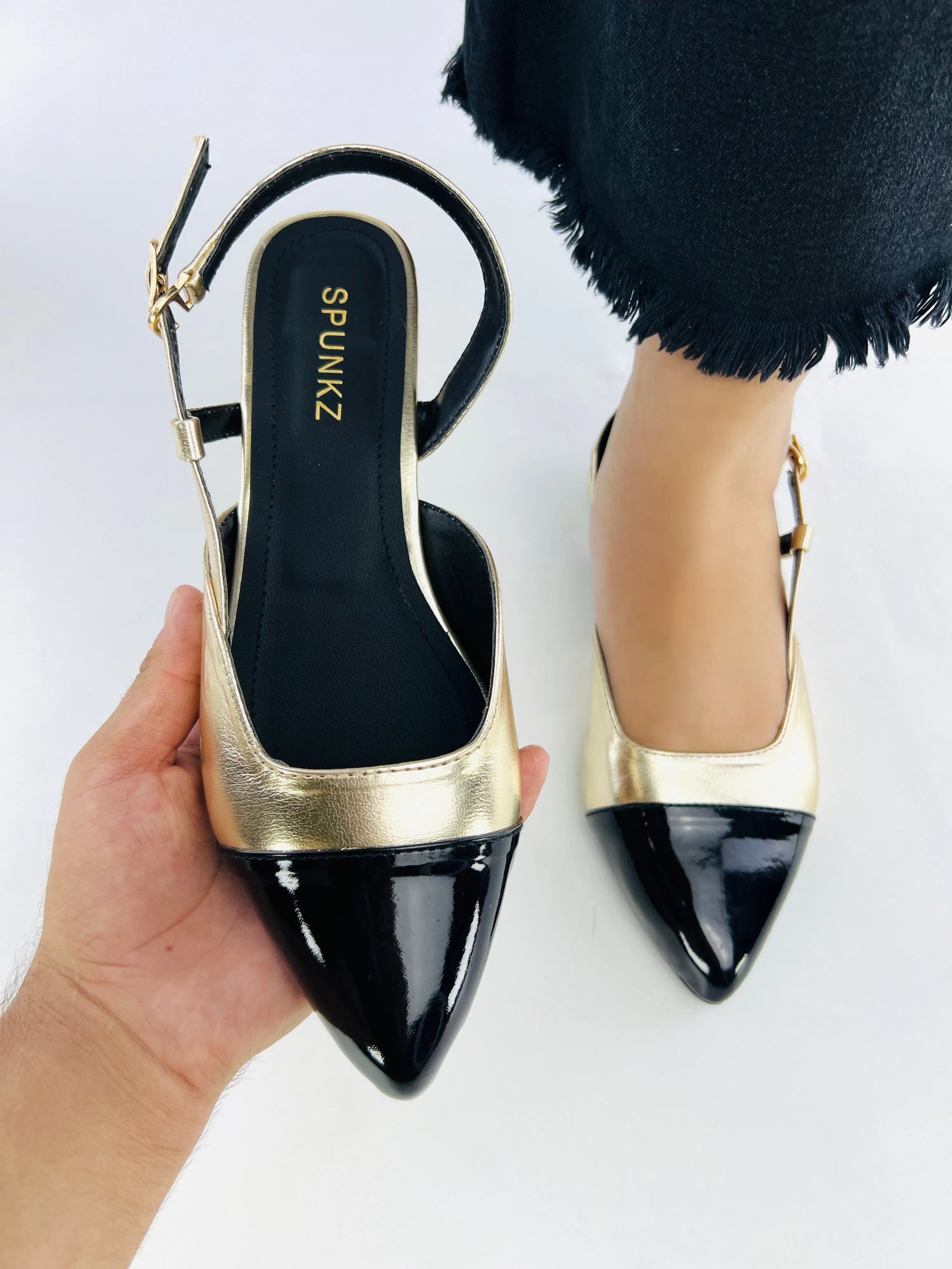 Spunkz Gold Slingback Cap Toe Pump