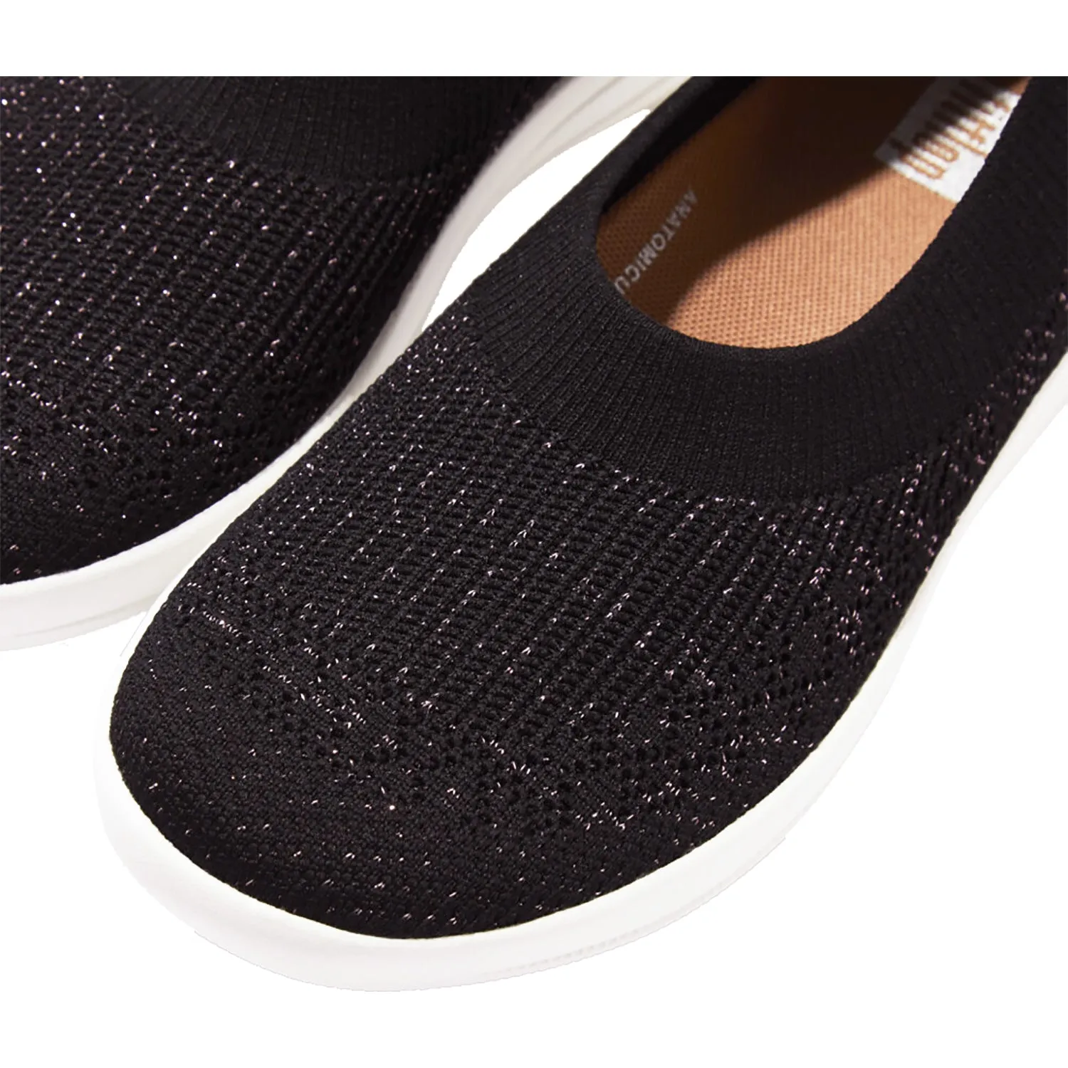 Women's FitFlop Uberknit Slip-On Ballerina Black/Rose Gold Knit Fabric